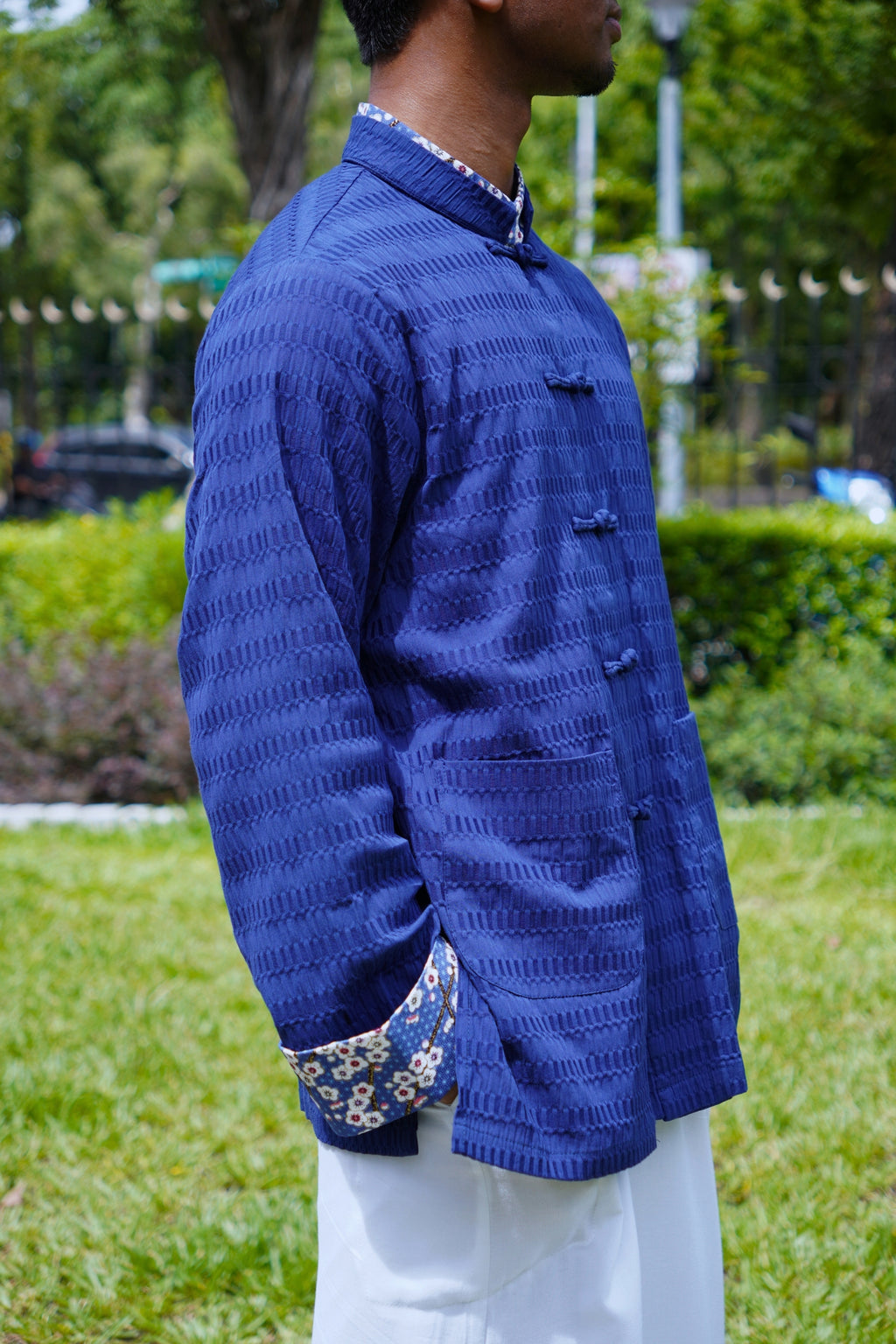 Navy Blue Stripe Cotton Tangzhuang